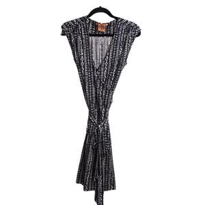 Tory Burch Ivette Wrap Dress Navy Blue White Geometric Tie Waist Cap Sleeve M